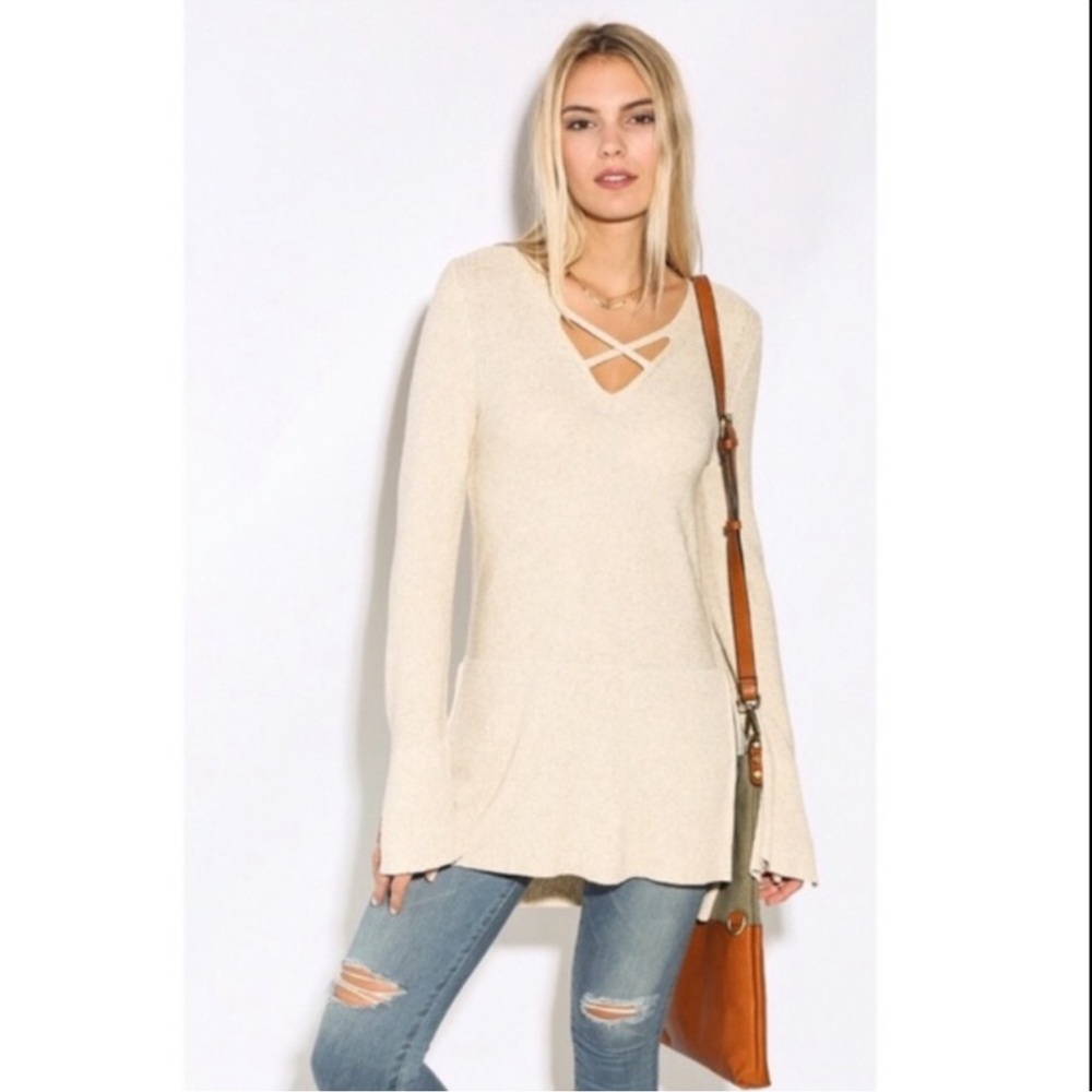 Free People Criss Cross Tunic Sweater, Oatmeal/ Cream, XS
